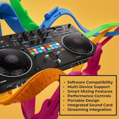 Pioneer DDJ-REV5 4-Deck DJ Controller – Black Bundle with Laptop Stand, Headphones, and Austin Bazaar Polishing Cloth