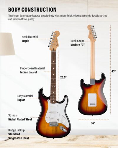 714zFpKbcbL. AC SL1500 Fender Standard Stratocaster – 3-Color Sunburst Bundle with Strap, Guitar Cleaning Kit and Austin Bazaar Instructional Video