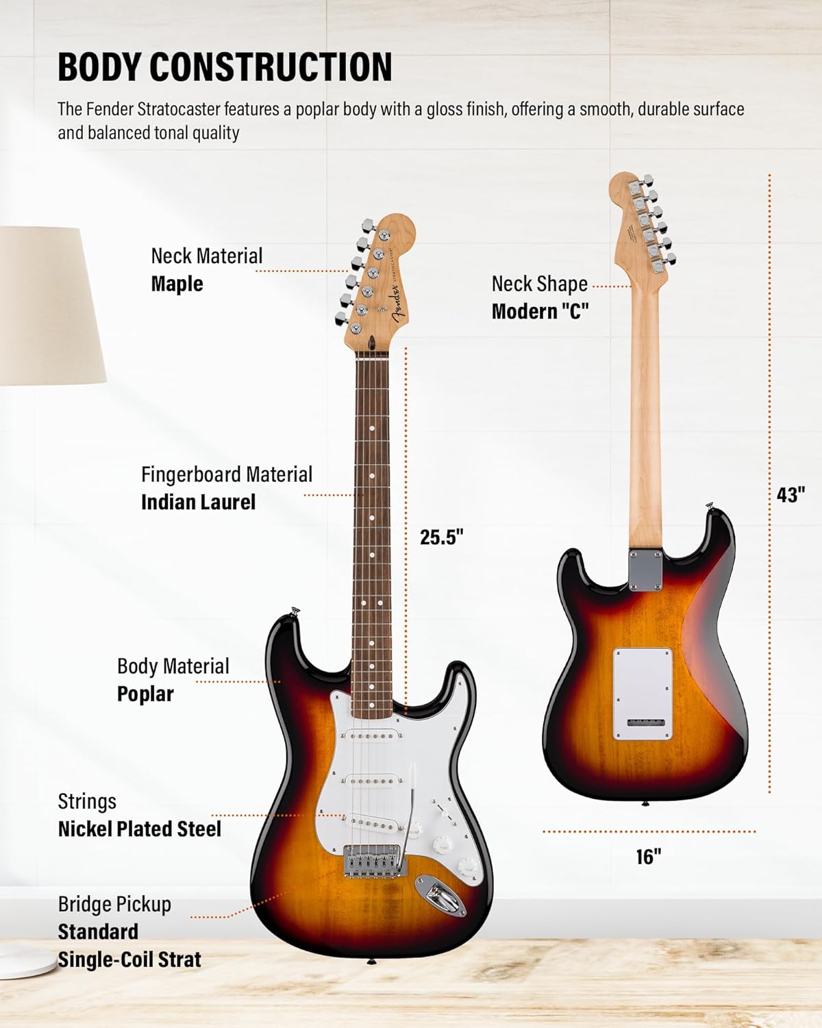 Fender Standard Stratocaster – 3-Color Sunburst Bundle with Strap, Guitar Cleaning Kit and Austin Bazaar Instructional Video