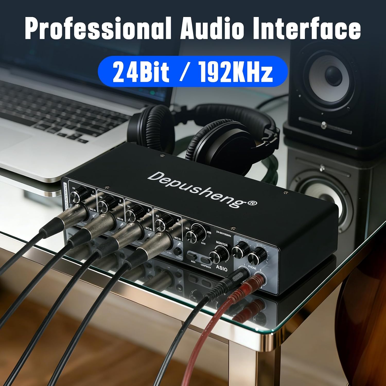Depusheng USB Audio Interface with ASIO Drivers, 24Bit 192Khz, Phantom Power +48v, Low Latency for Home Studio Recording, PC/MAC Compatible (4 CHANNEL)