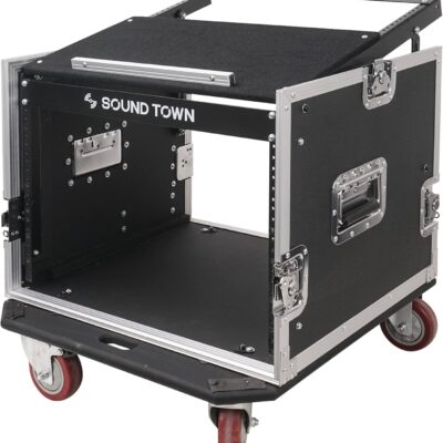 Sound Town Enhanced Thickness 1/2 (12mm) Plywood 8U Audio Rack/Road ATA Case with 11U Slant Mixer Top, 20 Rackable Depth, Casters, 8 Space Size, Pro Tour Grade (STMR-8UW)