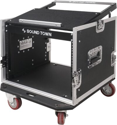 Sound Town Enhanced Thickness 1/2 (12mm) Plywood 8U Audio Rack/Road ATA Case with 11U Slant Mixer Top, 20 Rackable Depth, Casters, 8 Space Size, Pro Tour Grade (STMR-8UW)