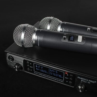Phenyx Pro Wireless Microphone System, Dual Wireless Mics,w/ 2 Handhelds, Auto Scan,2×100 UHF Frequencies,328ft Range,Dynamic Microphone for Singing, Karaoke, Church(PTU-71-2H)