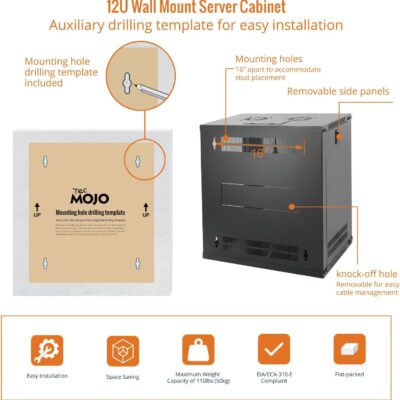 Tecmojo 12U Wall Mount Server Cabinet IT Network Rack Enclosure Lockable Door and Side Panels Black,Cooling Fan,Glass Door,17.7inch Depth,for 19 IT Equipment,A/V Devices