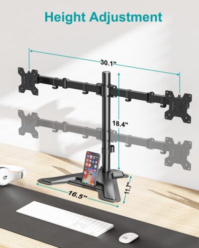 MOUNT PRO Dual Monitor Stand, Free-Standing Full Motion Monitor Desk Mount Fits 2 Screens up to 27 inches,17.6lbs with Height Adjustable, Swivel, Tilt, Rotation, VESA 75×75 100×100, Black