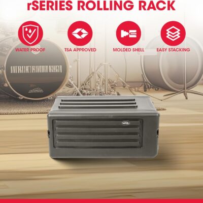 SKB 4U rSeries Shallow Rolling Rack with Integrated Back Wheels and 1-Touch Pull Handle, Comes with 8 Rack Units and Interlocking Molded Stacking Bars