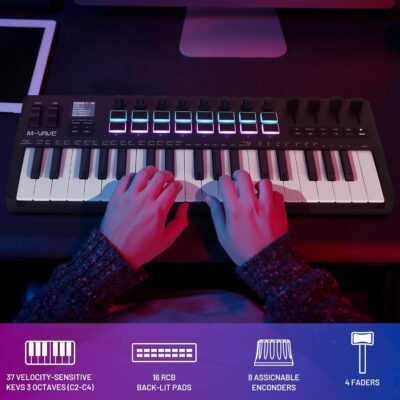 71CSSuDmQL. AC SL1500 M-VAVE 37 Key USB MIDI Keyboard Controller With 16 Backlit Drum Pads, Bluetooth Semi Weighted Professional dynamic keybed 8 Knobs and Music Production,Software Included (37 Key Black)