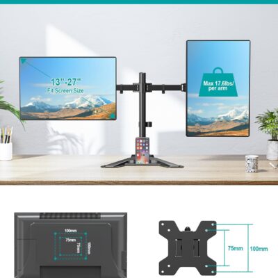 MOUNT PRO Dual Monitor Stand, Free-Standing Full Motion Monitor Desk Mount Fits 2 Screens up to 27 inches,17.6lbs with Height Adjustable, Swivel, Tilt, Rotation, VESA 75×75 100×100, Black