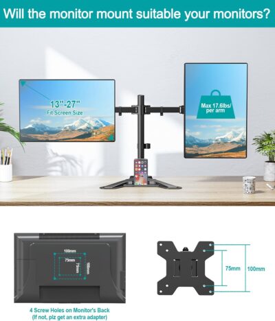 MOUNT PRO Dual Monitor Stand, Free-Standing Full Motion Monitor Desk Mount Fits 2 Screens up to 27 inches,17.6lbs with Height Adjustable, Swivel, Tilt, Rotation, VESA 75×75 100×100, Black