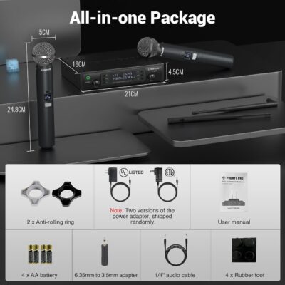 Phenyx Pro Wireless Microphone System, Dual Wireless Mics,w/ 2 Handhelds, Auto Scan,2×100 UHF Frequencies,328ft Range,Dynamic Microphone for Singing, Karaoke, Church(PTU-71-2H)
