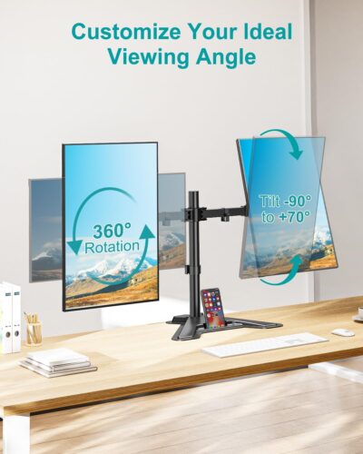 MOUNT PRO Dual Monitor Stand, Free-Standing Full Motion Monitor Desk Mount Fits 2 Screens up to 27 inches,17.6lbs with Height Adjustable, Swivel, Tilt, Rotation, VESA 75×75 100×100, Black