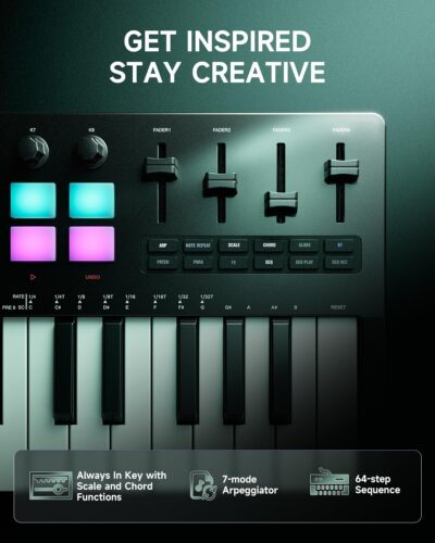 Donner STARRYKEY-37 PLAY MIDI Keyboard Controller, 37 Key Portable MIDI Controller with 128 Build-in Voices, 16 Drum Pads, Arpeggio, Sequencer, USB/Wireless Connection, 4 DAW Software & 40 Courses