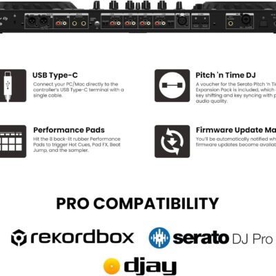 Pioneer DJ DDJ-FLX10 4-Channel Professional DJ Controller – Black Bundle with Laptop Stand, Headphones, and Austin Bazaar Polishing Cloth