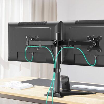 MOUNT PRO Dual Monitor Stand, Free-Standing Full Motion Monitor Desk Mount Fits 2 Screens up to 27 inches,17.6lbs with Height Adjustable, Swivel, Tilt, Rotation, VESA 75×75 100×100, Black