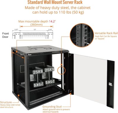 Tecmojo 12U Wall Mount Server Cabinet IT Network Rack Enclosure Lockable Door and Side Panels Black,Cooling Fan,Glass Door,17.7inch Depth,for 19 IT Equipment,A/V Devices