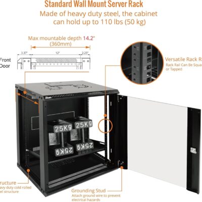 Tecmojo 12U Wall Mount Server Cabinet IT Network Rack Enclosure Lockable Door and Side Panels Black,Cooling Fan,Glass Door,17.7inch Depth,for 19 IT Equipment,A/V Devices