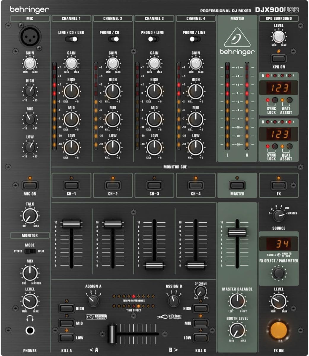 Behringer PRO MIXER DJX900USB Professional 5 Channel DJ Mixer with INFINIUM Contact-Free VCA Crossfader, Advanced Digital Effects and USB/Audio Interface