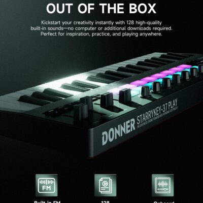 Donner STARRYKEY-37 PLAY MIDI Keyboard Controller, 37 Key Portable MIDI Controller with 128 Build-in Voices, 16 Drum Pads, Arpeggio, Sequencer, USB/Wireless Connection, 4 DAW Software & 40 Courses