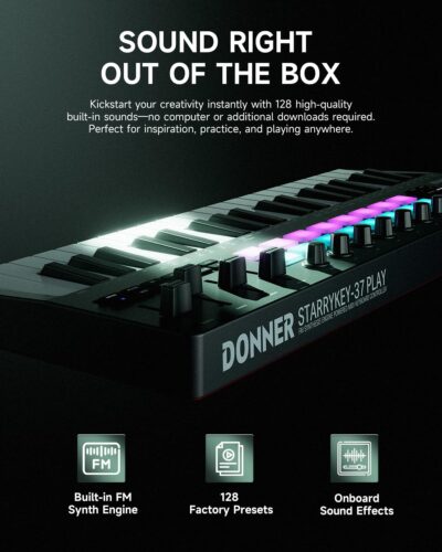Donner STARRYKEY-37 PLAY MIDI Keyboard Controller, 37 Key Portable MIDI Controller with 128 Build-in Voices, 16 Drum Pads, Arpeggio, Sequencer, USB/Wireless Connection, 4 DAW Software & 40 Courses