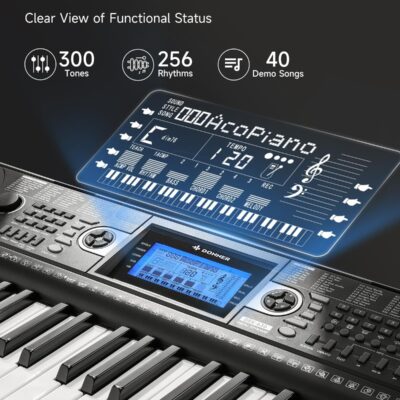 71MXztlPoiL. AC SL1500 Donner 61 Key Keyboard Piano, Electric Piano Keyboard Set with Lighted Keys, LCD Display, 300 Tones & 256 Rhythms, Z-Stand, Bench, Learning Modes, Complete Kit for Beginners, Black(DEK-630)
