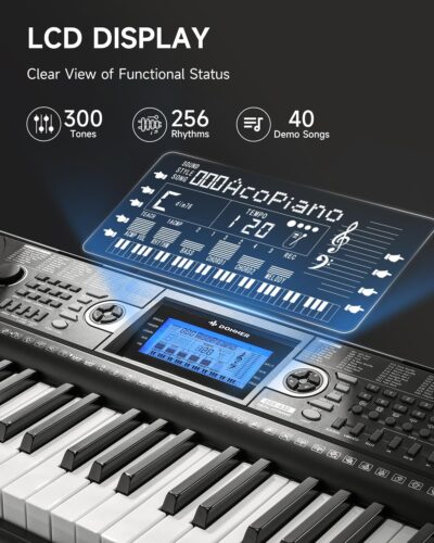 71MXztlPoiL. AC SL1500 Donner 61 Key Keyboard Piano, Electric Piano Keyboard Set with Lighted Keys, LCD Display, 300 Tones & 256 Rhythms, Z-Stand, Bench, Learning Modes, Complete Kit for Beginners, Black(DEK-630)