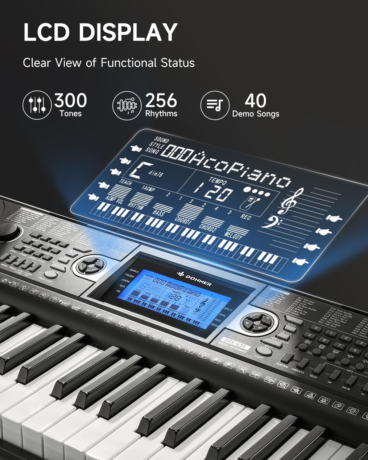 Donner 61 Key Keyboard Piano, Electric Piano Keyboard Set with Lighted Keys, LCD Display, 300 Tones & 256 Rhythms, Z-Stand, Bench, Learning Modes, Complete Kit for Beginners, Black(DEK-630)