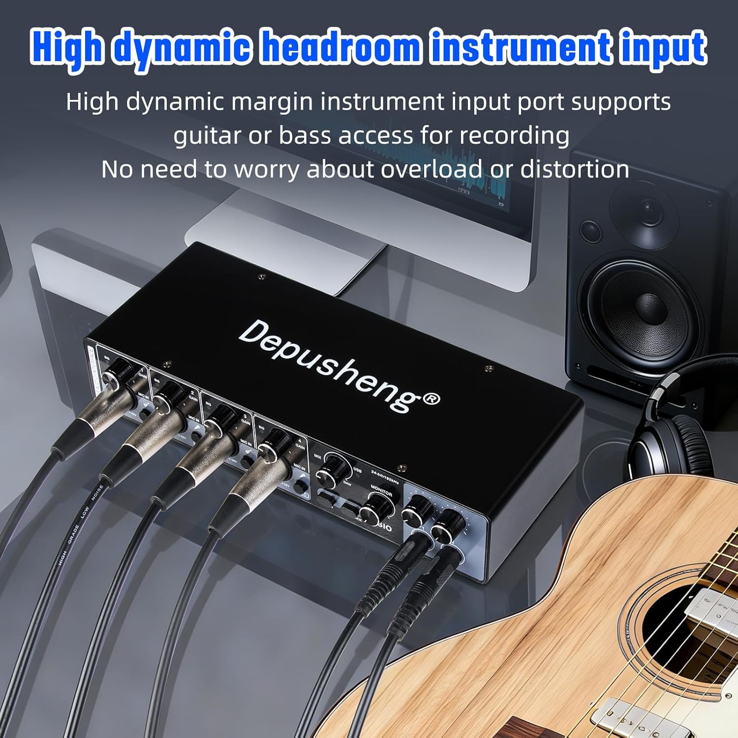 Depusheng USB Audio Interface with ASIO Drivers, 24Bit 192Khz, Phantom Power +48v, Low Latency for Home Studio Recording, PC/MAC Compatible (4 CHANNEL)