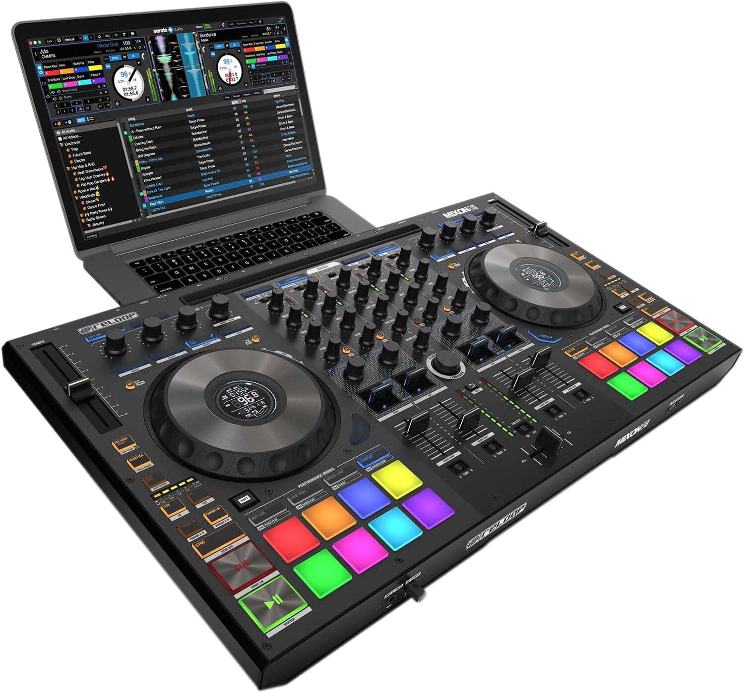 Reloop Mixon 8 Pro DJ Controller for Serato DJ with On-Stage LPT5000 DJ Laptop Stand, DJ Monitoring Headphones and Essential Cables for Connecting to DJ Controllers and Mixers