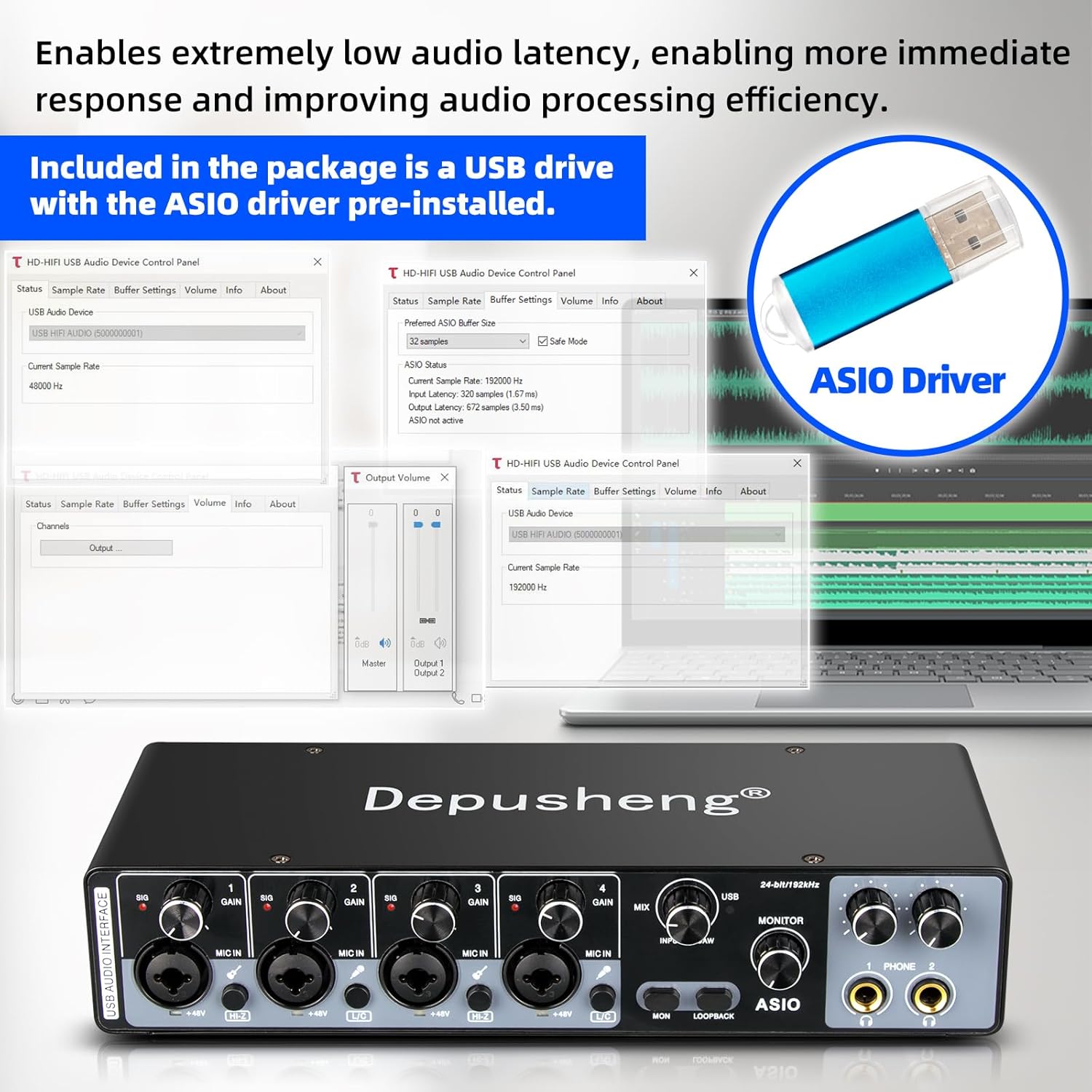 Depusheng USB Audio Interface with ASIO Drivers, 24Bit 192Khz, Phantom Power +48v, Low Latency for Home Studio Recording, PC/MAC Compatible (4 CHANNEL)