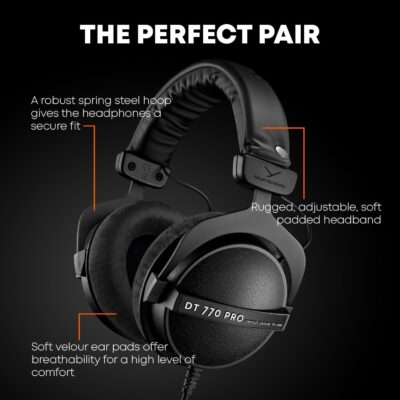 71PdNa0xJSL. AC SL1500 beyerdynamic DT 770 PRO, 80 Ohm, Closed Back, Over Ear, Wired Professional Studio Headphones, Home Recording, Podcast, Monitor, 3m Straight Cable, Black with Limited Edition Black Velour Ear Pads
