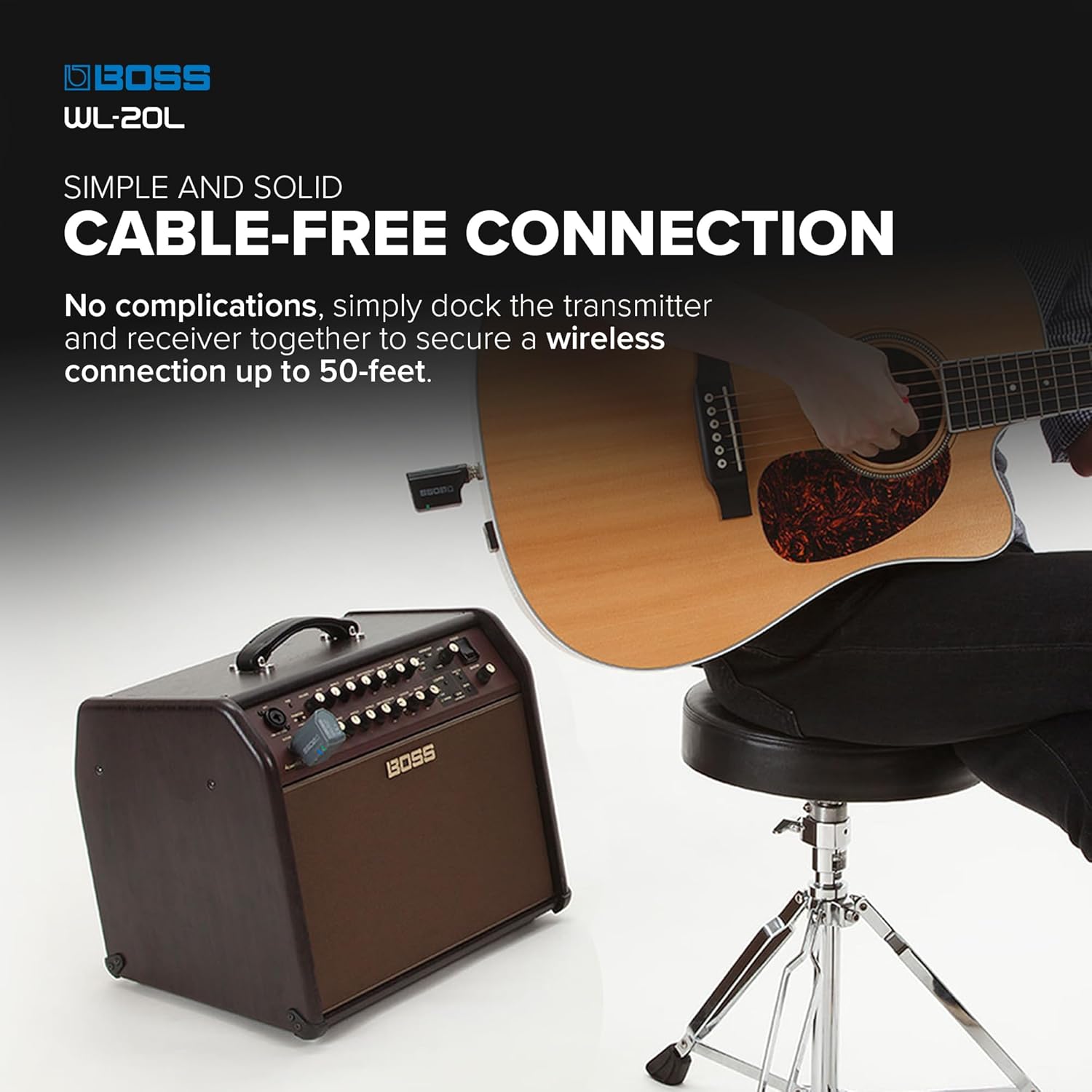 BOSS WL-20L | Compact Wireless Instrument System | Plug-And-Play Wireless System for Acoustic/Electric Guitars & More| Lightning-Fast BOSS Technology | No Cable Tone Simulation | Up To 50ft Range