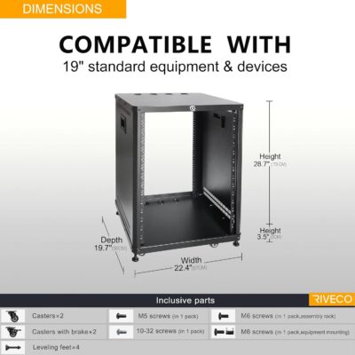 RIVECO 15U Network & Audio Rack with Feet & Wheels, Obtuse Angel Server Rack Cabinet, Rolling Studio Rack Case with Adjustable Depth Rails for 19 Stereo Recording & IT Equipment Mounting 1PCS