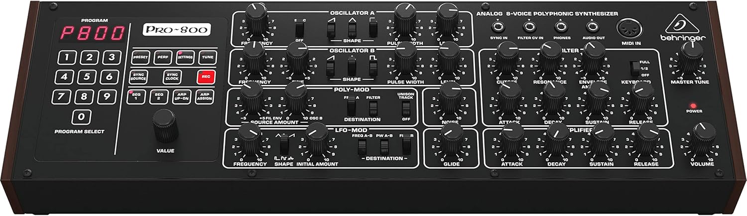 Behringer PRO-800 Classic Analog 8-Voice Polyphonic Synthesizer with 2 VCOs, Classic VCF, Arpeggiator, Sequencer and 400 Program Memories in Eurorack Format