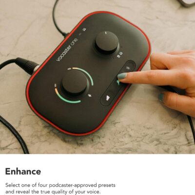 Focusrite Vocaster One — Podcasting Interface for Recording as a Solo Creator. Use Auto Gain, Enhance, and Mute for Easy Podcasting. Small, Lightweight, and Powered by Computer