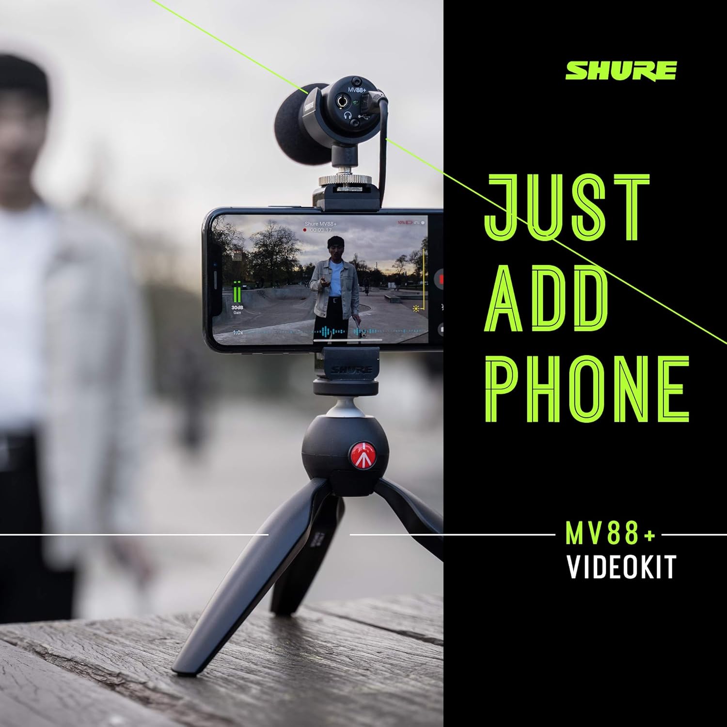 Shure MV88+ Video Kit Digital Stereo Condenser Microphone for iPhone, Android, Mac & PC – Portable Recording Mic with DSP Controls, Headphone Monitoring & Tripod, Black