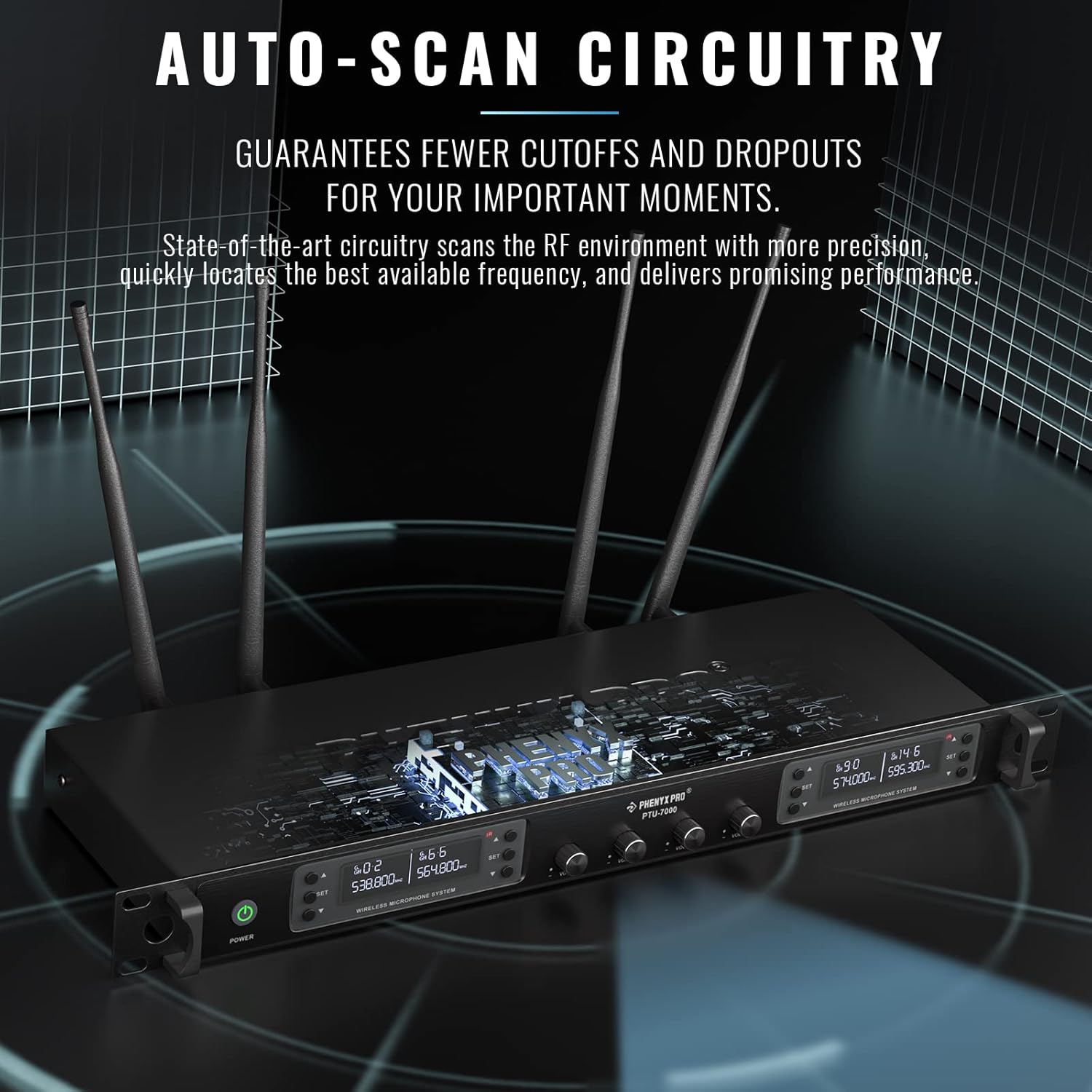 Phenyx Pro Wireless Microphone System, Quad Channel Wireless Mic, w/ 4×40 UHF Frequencies, Auto Scan, 328ft Long Range, 4 Handheld Dynamic Microphone for Singing, Church, Karaoke (PTU-7000-4H)