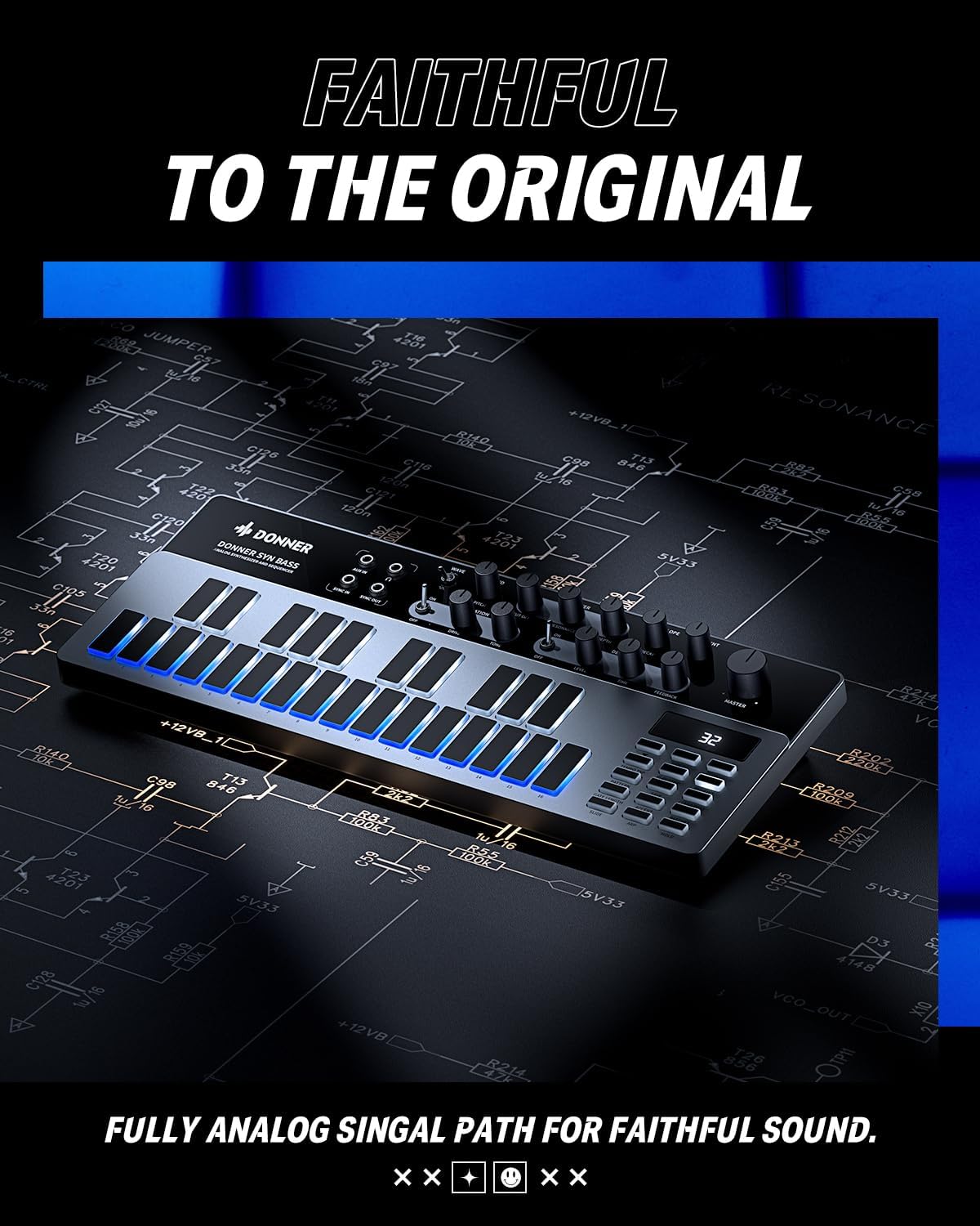 Analog Bass Synthesizer and Sequencer, Donner Essential B1 with Intuitive User Interface, 128 Patterns Memory, Saturation & Delay Effects, Make for Classic Acid Sound