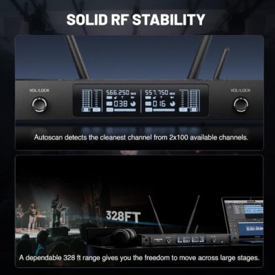 Phenyx Pro UHF Smart Wireless Microphone System, Dual Cordless Mics w/Auto Scan&Sync, Adaptive RF Power, Talkback Function, 2×100 Freq, 328 ft, Dynamic Microphones for Live Show, Event (PTI-2)
