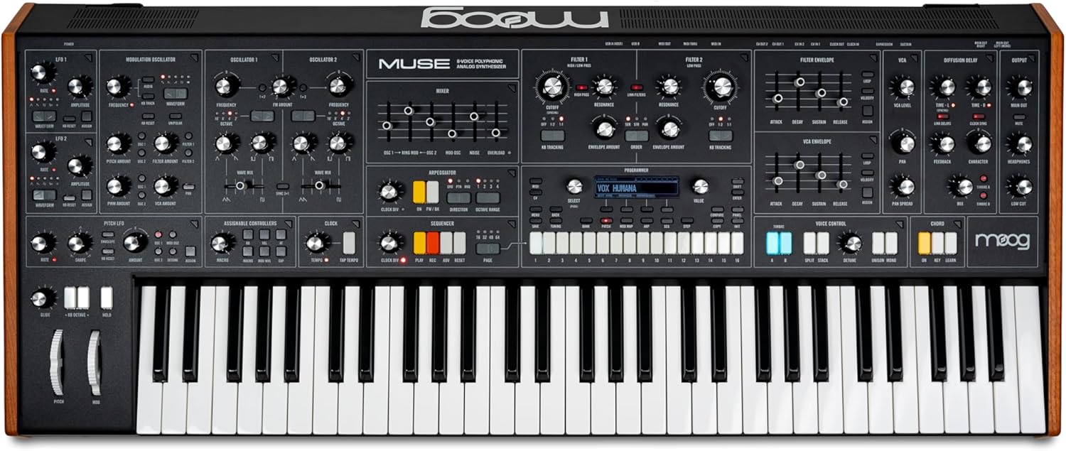 MOOG Muse – 8-Voice Analog Bi-Timbral Polyphonic Synthesizer with 61 Keys, 64-Step Sequencer, 256 Patches and Diffusion Delay