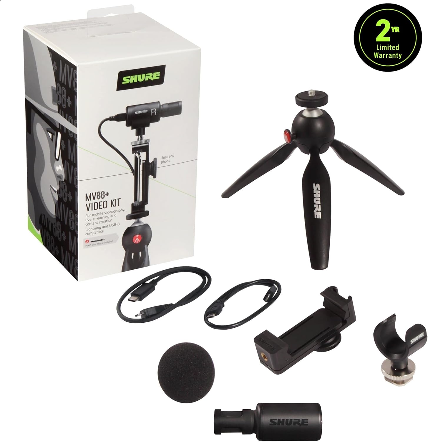 Shure MV88+ Video Kit Digital Stereo Condenser Microphone for iPhone, Android, Mac & PC – Portable Recording Mic with DSP Controls, Headphone Monitoring & Tripod, Black