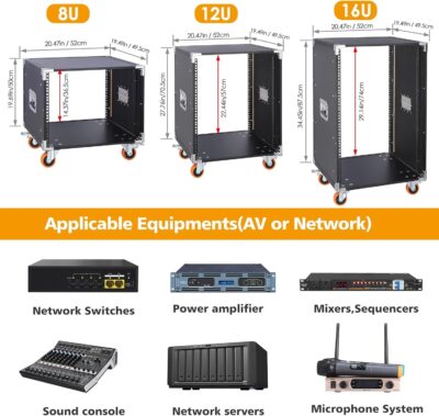 Movable AV Gear Rack 8U 19in Mobile Floor Standing Network Device Storage Cabinet Stand – Audio Stereo Studio DJ Equipment Rack Server IT Data Devices Storage Cabinet Enclosure with Castors