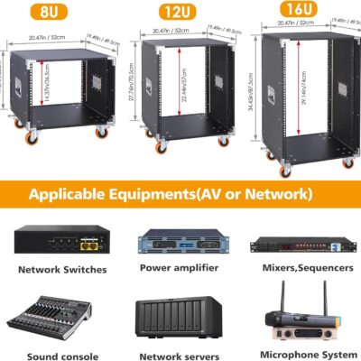 Movable AV Gear Rack 8U 19in Mobile Floor Standing Network Device Storage Cabinet Stand – Audio Stereo Studio DJ Equipment Rack Server IT Data Devices Storage Cabinet Enclosure with Castors