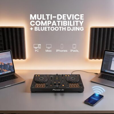 Pioneer DJ DDJ-FLX4 2-Channel DJ Controller – Black Bundle with Laptop Stand, Headphones, and Austin Bazaar Polishing Cloth