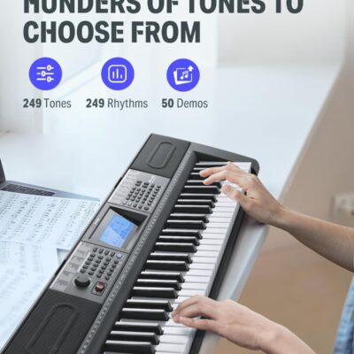 Donner Keyboard Piano, 61 Key Piano Keyboard for Beginner/Professional, Electric Keyboard Kit with 249 Voices, 249 Rhythms – Includes Music Stand, Microphone, Black (DEK-610S)
