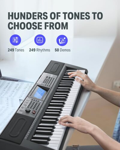 Donner Keyboard Piano, 61 Key Piano Keyboard for Beginner/Professional, Electric Keyboard Kit with 249 Voices, 249 Rhythms – Includes Music Stand, Microphone, Black (DEK-610S)