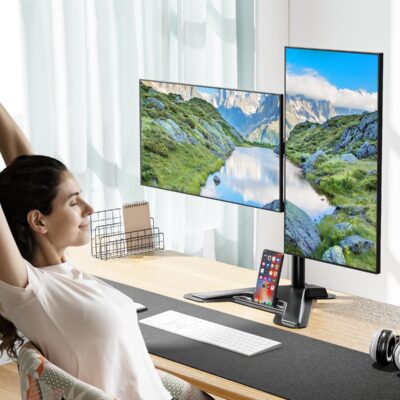 MOUNT PRO Dual Monitor Stand, Free-Standing Full Motion Monitor Desk Mount Fits 2 Screens up to 27 inches,17.6lbs with Height Adjustable, Swivel, Tilt, Rotation, VESA 75×75 100×100, Black