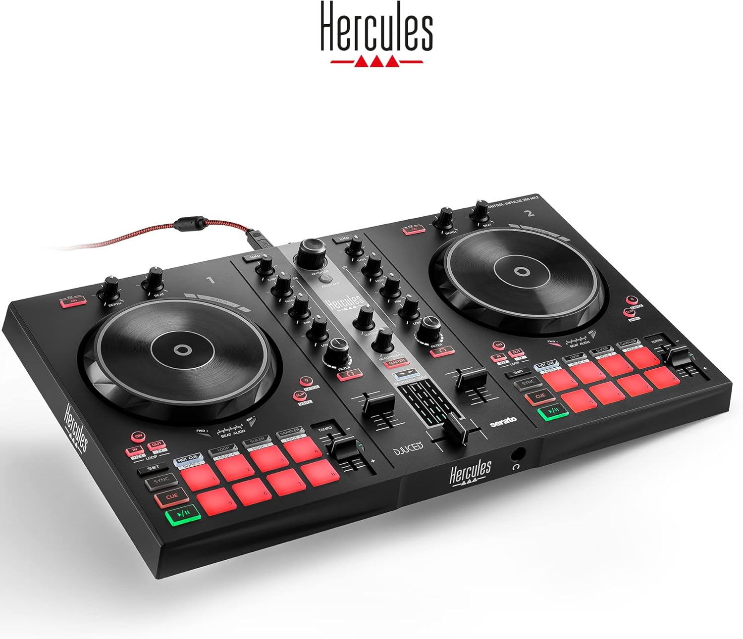 Hercules DJControl Inpulse 300 MK2 USB DJ Controller – Beginner DJ Set, 2-Deck Mixer with Built-In Sound Card, 16 Pads, Serato DJ Lite & DJUCED Software Included