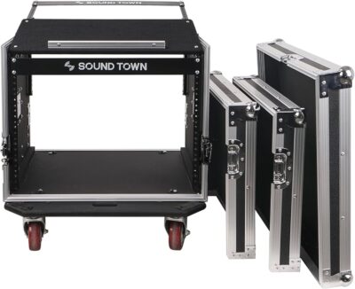 Sound Town Enhanced Thickness 1/2 (12mm) Plywood 8U Audio Rack/Road ATA Case with 11U Slant Mixer Top, 20 Rackable Depth, Casters, 8 Space Size, Pro Tour Grade (STMR-8UW)