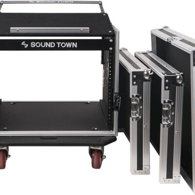 Sound Town Enhanced Thickness 1/2 (12mm) Plywood 8U Audio Rack/Road ATA Case with 11U Slant Mixer Top, 20 Rackable Depth, Casters, 8 Space Size, Pro Tour Grade (STMR-8UW)