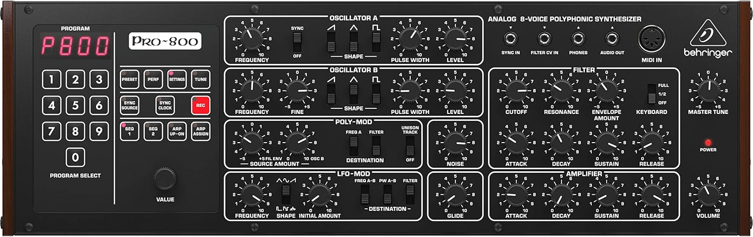 Behringer PRO-800 Classic Analog 8-Voice Polyphonic Synthesizer with 2 VCOs, Classic VCF, Arpeggiator, Sequencer and 400 Program Memories in Eurorack Format